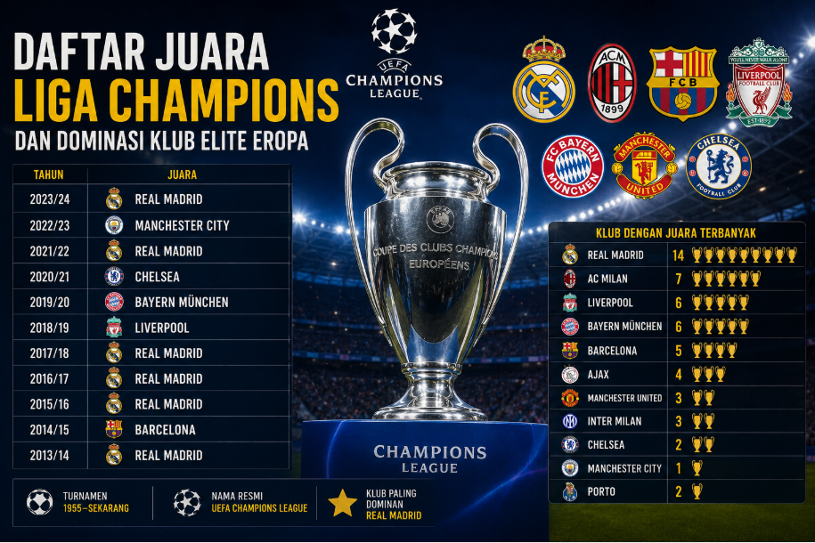 Daftar Juara Liga Champions dan Dominasi Klub Elite Eropa