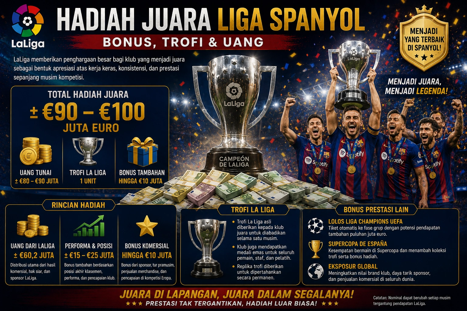 Hadiah Juara Liga Spanyol 2026, Berapa Uang yang Didapat Klub Juara?