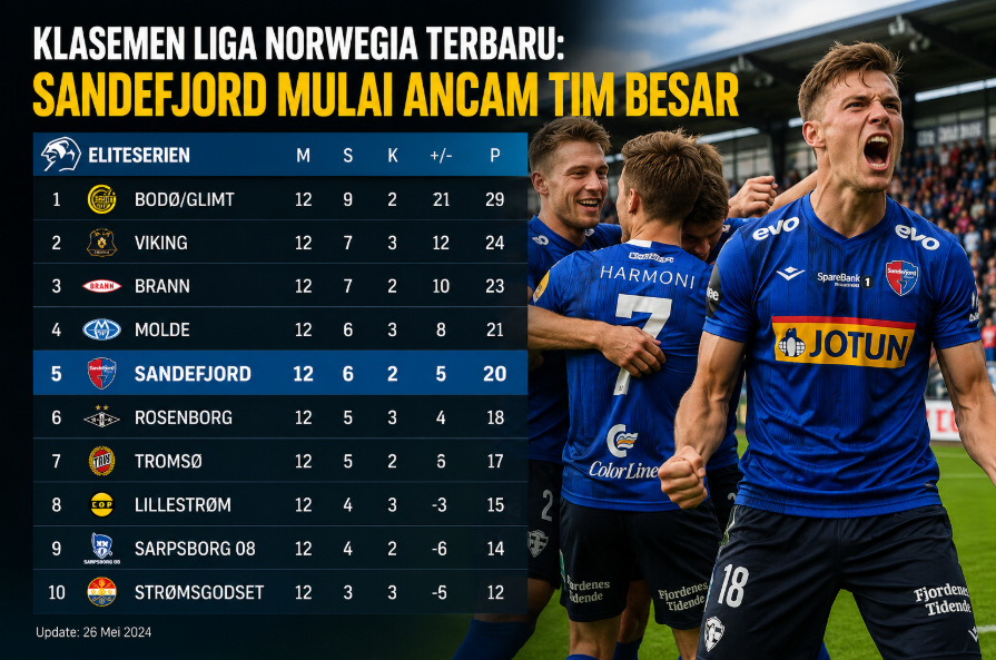 Klasemen Liga Norwegia Terbaru: Sandefjord Mulai Ancam Tim Besar