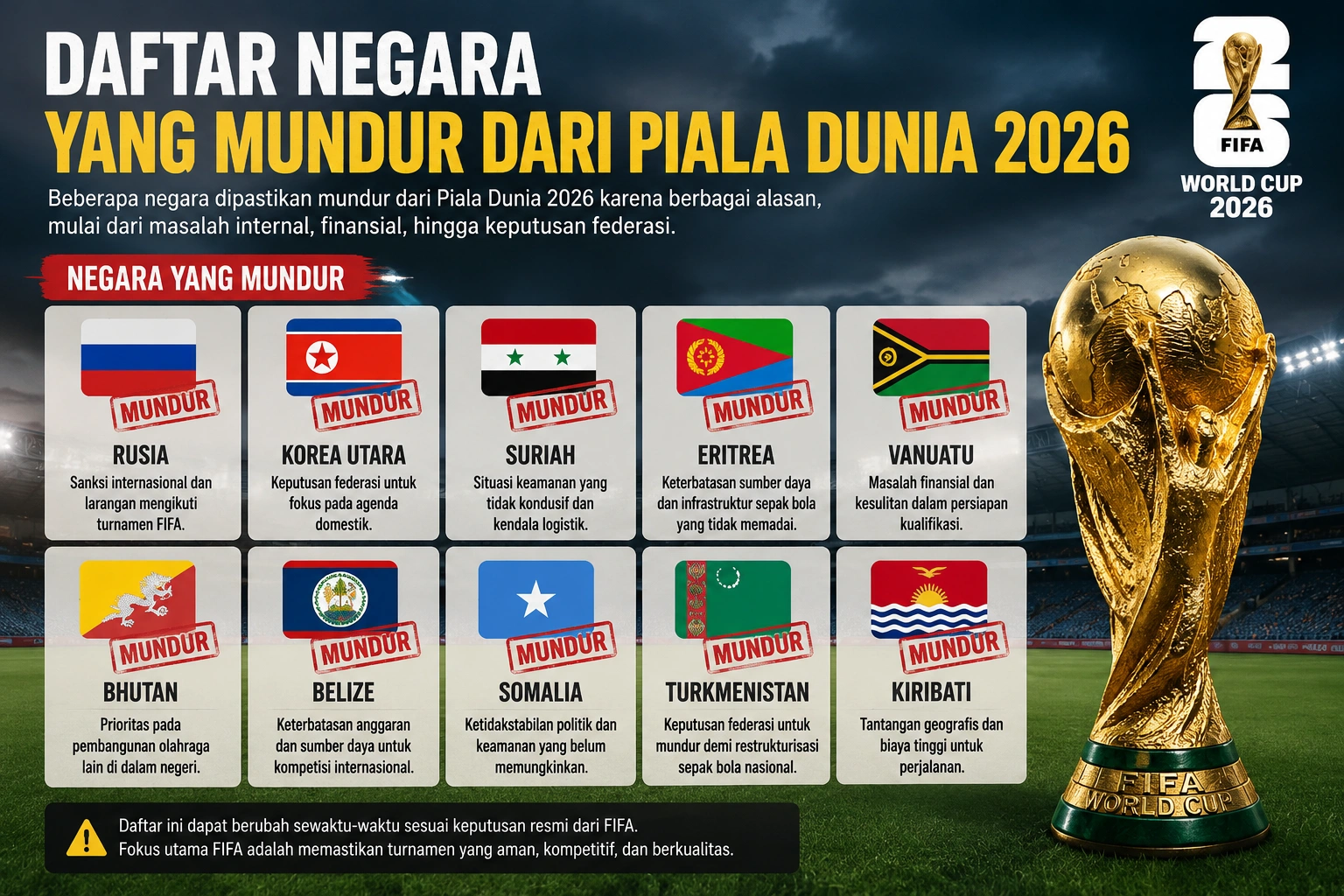 Daftar Negara yang Mundur dari Piala Dunia 2026: Alasan, dan Siapa Penggantinya?