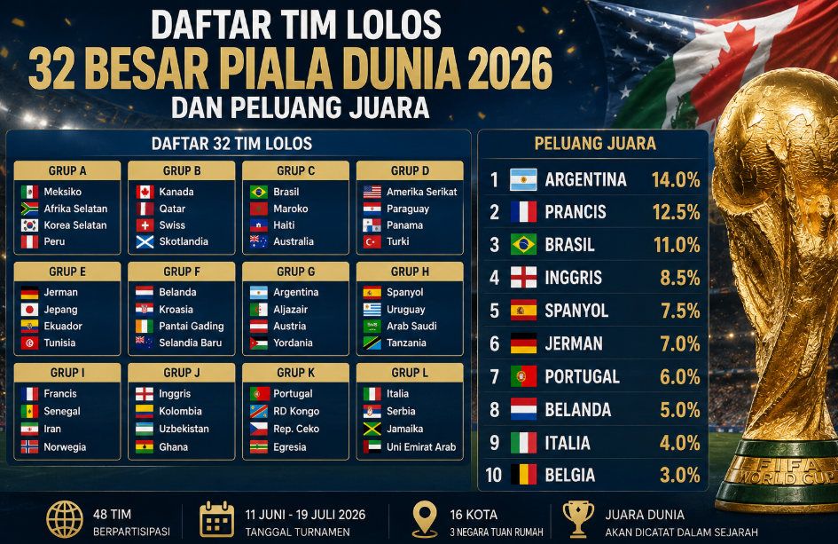 Daftar Tim Lolos 32 Besar Piala Dunia 2026 dan Peluang Juara 1 Daftar Tim Lolos 32 Besar Piala Dunia 2026 dan Peluang Juara