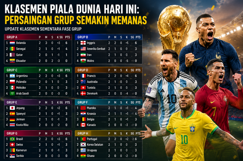 Klasemen Piala Dunia Hari Ini: Persaingan Grup Semakin Memanas 2 Klasemen Piala Dunia Hari Ini: Persaingan Grup Semakin Memanas