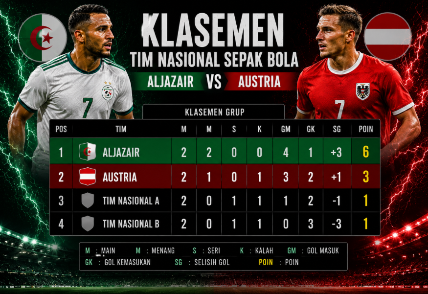 Klasemen Tim Nasional Sepak Bola Aljazair vs Austria: Siapa yang Berpeluang Lolos? 9 Klasemen Tim Nasional Sepak Bola Aljazair vs Austria