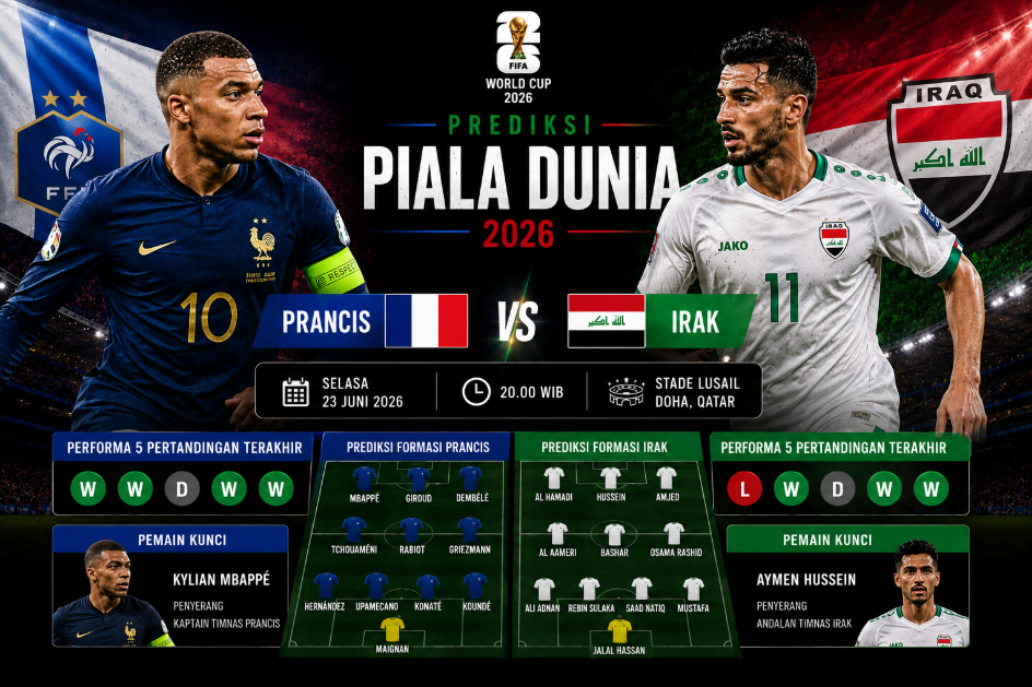 Prediksi Prancis vs Irak 23 Juni 2026: Les Bleus Siap Berpesta? 3 Prediksi Prancis vs Irak 23 Juni 2026: Les Bleus Siap Berpesta?