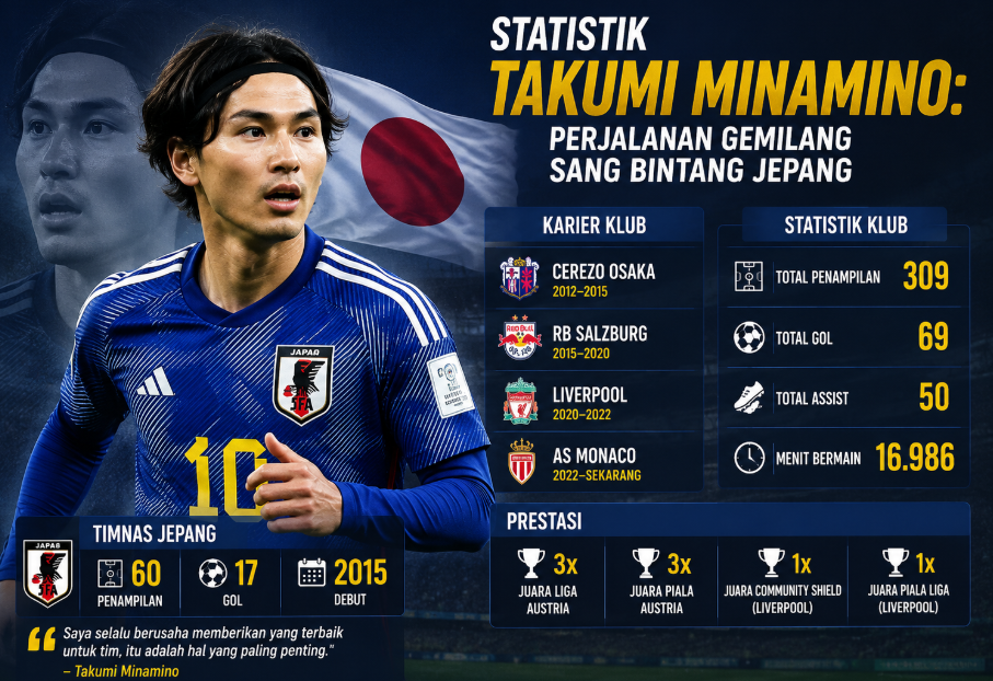 Statistik Takumi Minamino: Perjalanan Gemilang Sang Bintang Jepang 2 Statistik Takumi Minamino: Perjalanan Gemilang Sang Bintang Jepang
