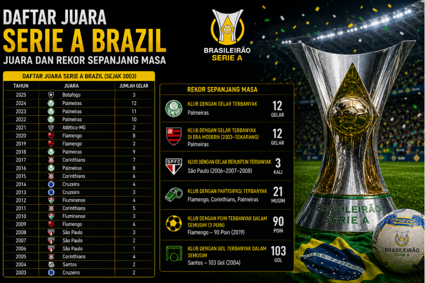 Daftar Juara Serie A Brazil Juara dan Rekor Sepanjang Masa