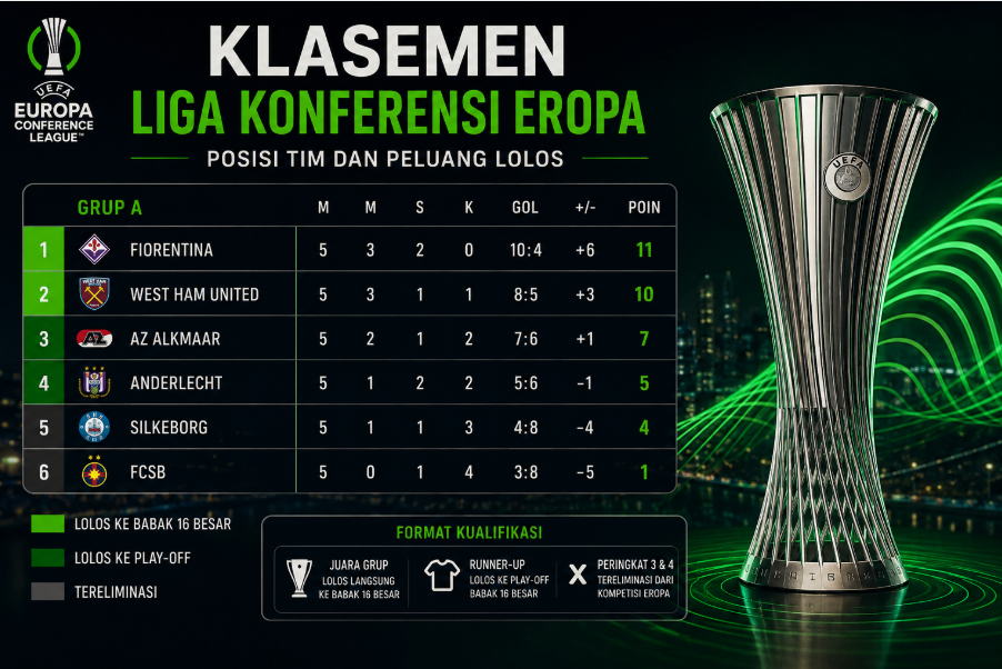 Klasemen Liga Konferensi Eropa: Posisi Tim dan Peluang Lolos 5 Klasemen Liga Konferensi Eropa: Posisi Tim dan Peluang Lolos